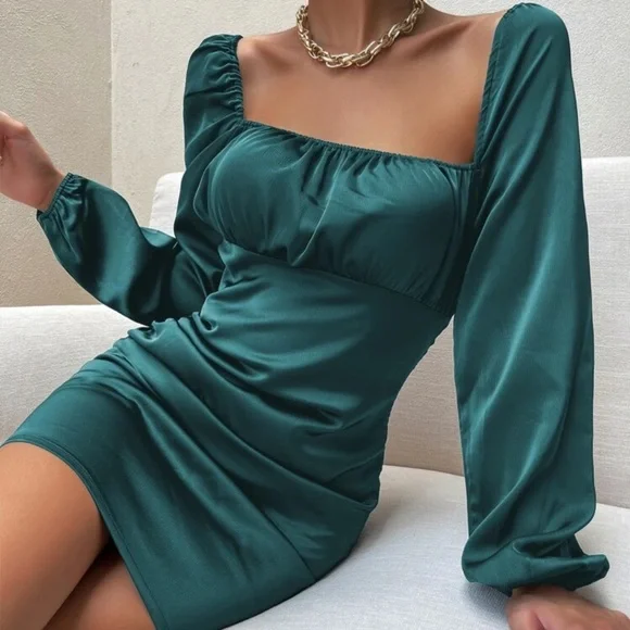 Dresses | Square Neck Long Sleeve Ruched Bodycon Satin Silky Dress Dark  Green | Poshmark